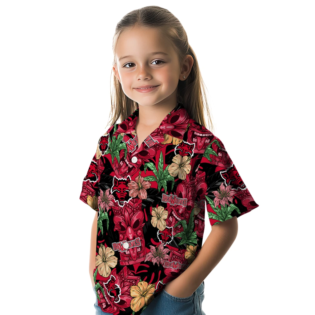 Arkansas State Red Wolves Hawaiian Shirt - Hibiscus Tiki Jungle arkansas state red wolves tiki jungle scarlet hawaiian shirts premium grade