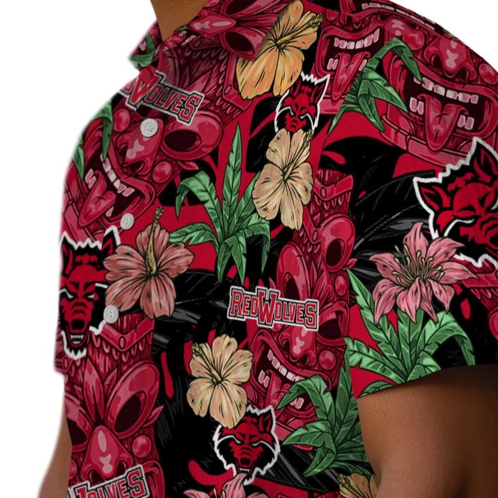 Arkansas State Red Wolves Hawaiian Shirt - Hibiscus Tiki Jungle arkansas state red wolves tiki jungle scarlet hawaiian shirts trendy