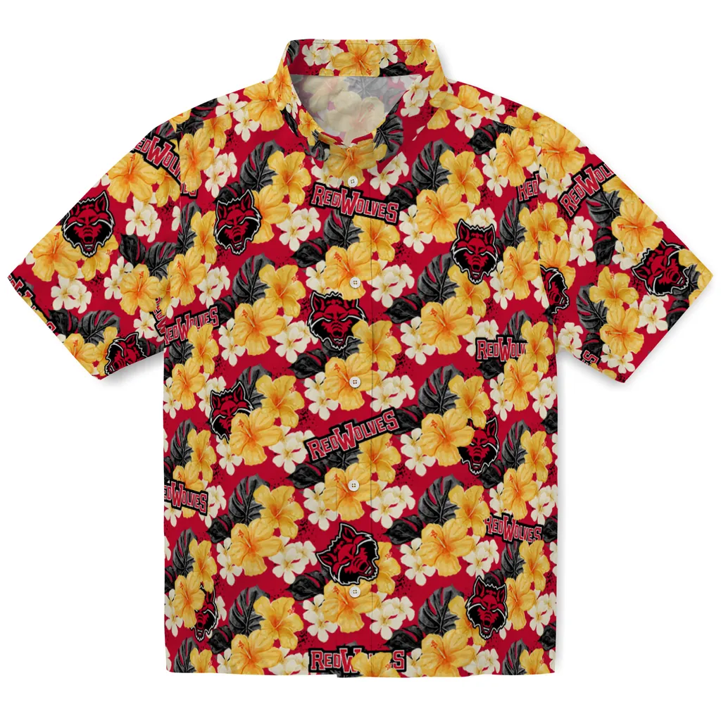 Arkansas State Red Wolves Hawaiian Shirt - Hibiscus Tropics arkansas state red wolves hibiscus tropics scarlet yellow hawaiian shirts best selling