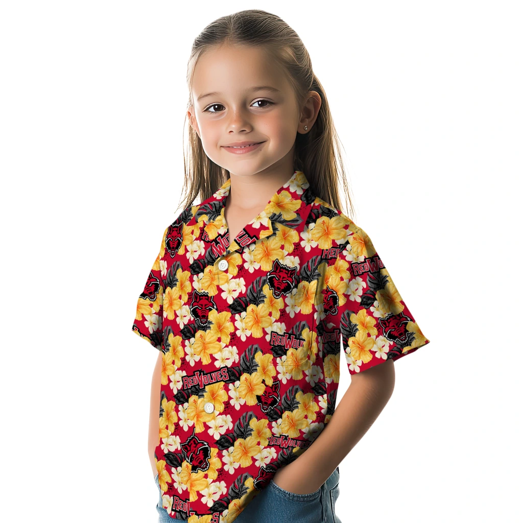 Arkansas State Red Wolves Hawaiian Shirt - Hibiscus Tropics arkansas state red wolves hibiscus tropics scarlet yellow hawaiian shirts premium grade