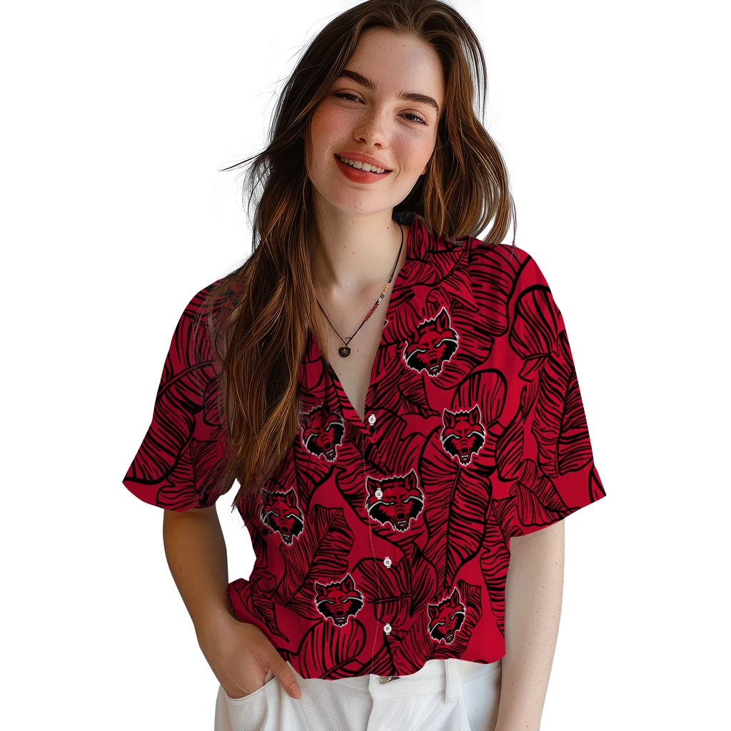 Arkansas State Red Wolves Hawaiian Shirt - Leaf Outline arkansas state red wolves leaf outline scarlet hawaiian shirts latest model