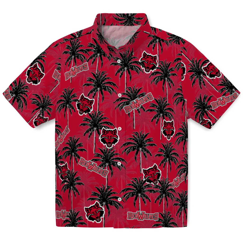 Arkansas State Red Wolves Hawaiian Shirt - Palm Tree Motif arkansas state red wolves palm grove scarlet hawaiian shirts best selling