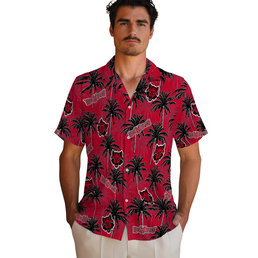 Arkansas State Red Wolves Hawaiian Shirt - Palm Tree Motif arkansas state red wolves palm grove scarlet hawaiian shirts fashion forward