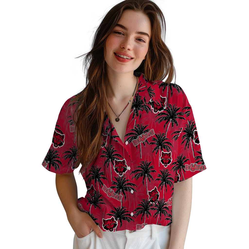 Arkansas State Red Wolves Hawaiian Shirt - Palm Tree Motif arkansas state red wolves palm grove scarlet hawaiian shirts latest model