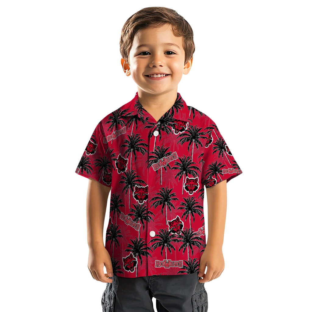 Arkansas State Red Wolves Hawaiian Shirt - Palm Tree Motif arkansas state red wolves palm grove scarlet hawaiian shirts top rated
