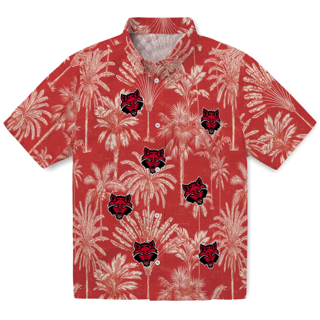 Arkansas State Red Wolves Hawaiian Shirt - Vintage Palm Tree arkansas state red wolves palm shadows scarlet hawaiian shirts best selling