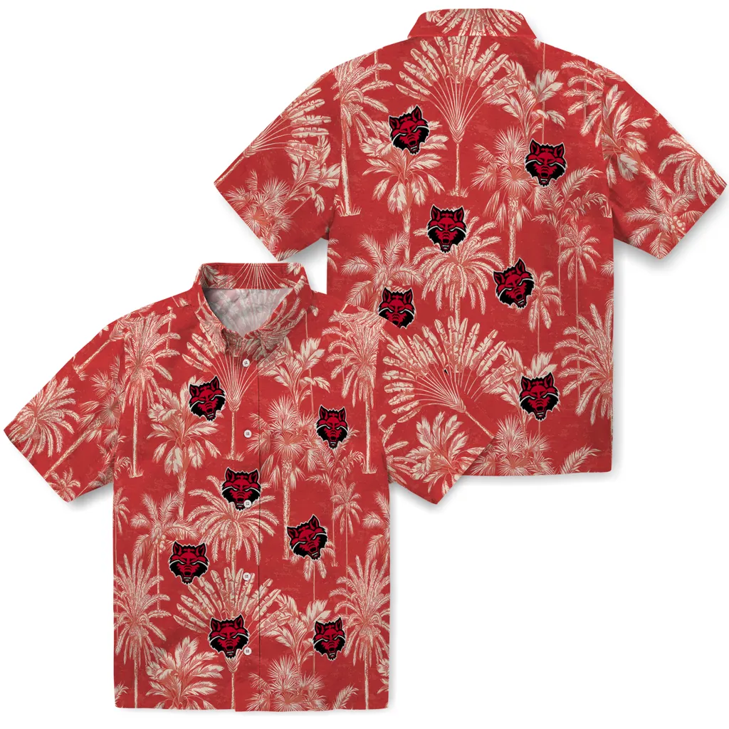 Arkansas State Red Wolves Hawaiian Shirt - Vintage Palm Tree arkansas state red wolves palm shadows scarlet hawaiian shirts high quality