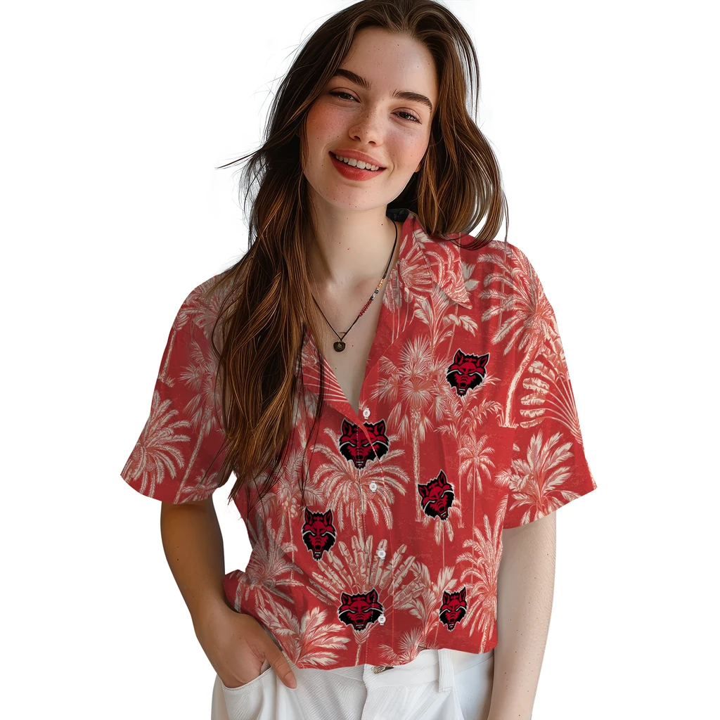 Arkansas State Red Wolves Hawaiian Shirt - Vintage Palm Tree arkansas state red wolves palm shadows scarlet hawaiian shirts latest model
