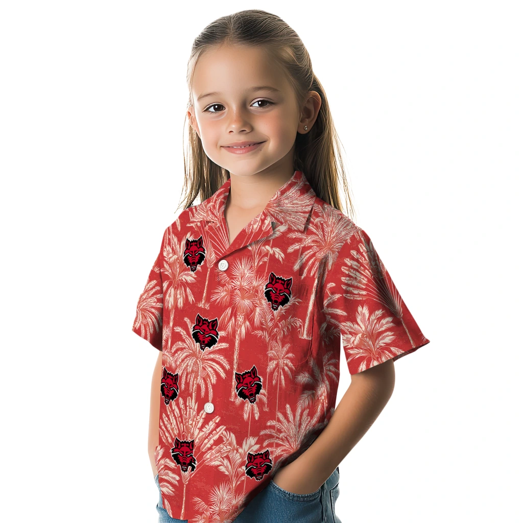 Arkansas State Red Wolves Hawaiian Shirt - Vintage Palm Tree arkansas state red wolves palm shadows scarlet hawaiian shirts premium grade