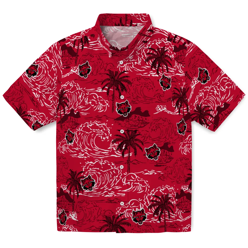Arkansas State Red Wolves Hawaiian Shirt - Wave Palm arkansas state red wolves wave palm scarlet hawaiian shirts best selling
