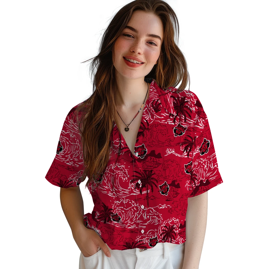 Arkansas State Red Wolves Hawaiian Shirt - Wave Palm arkansas state red wolves wave palm scarlet hawaiian shirts latest model