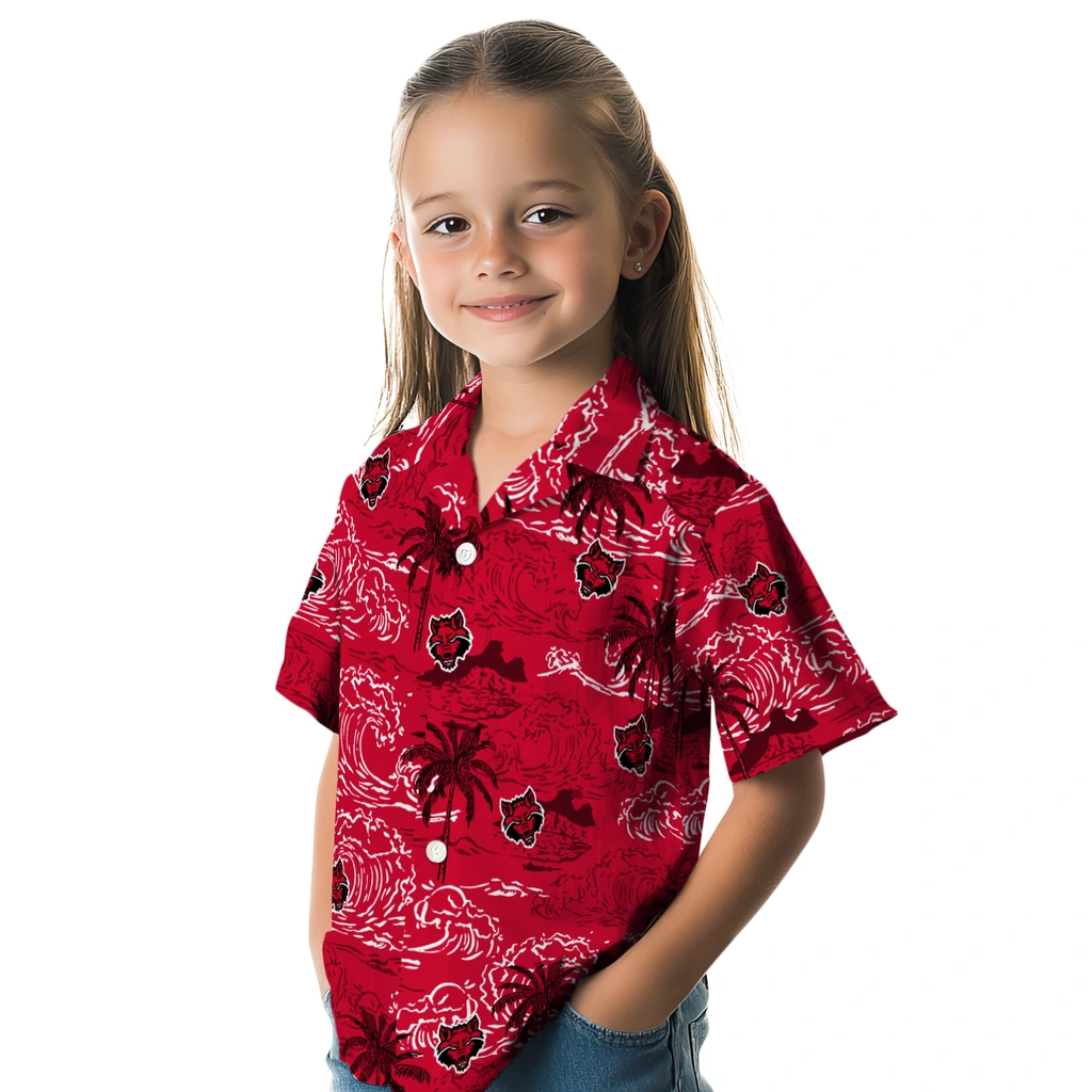 Arkansas State Red Wolves Hawaiian Shirt - Wave Palm arkansas state red wolves wave palm scarlet hawaiian shirts premium grade