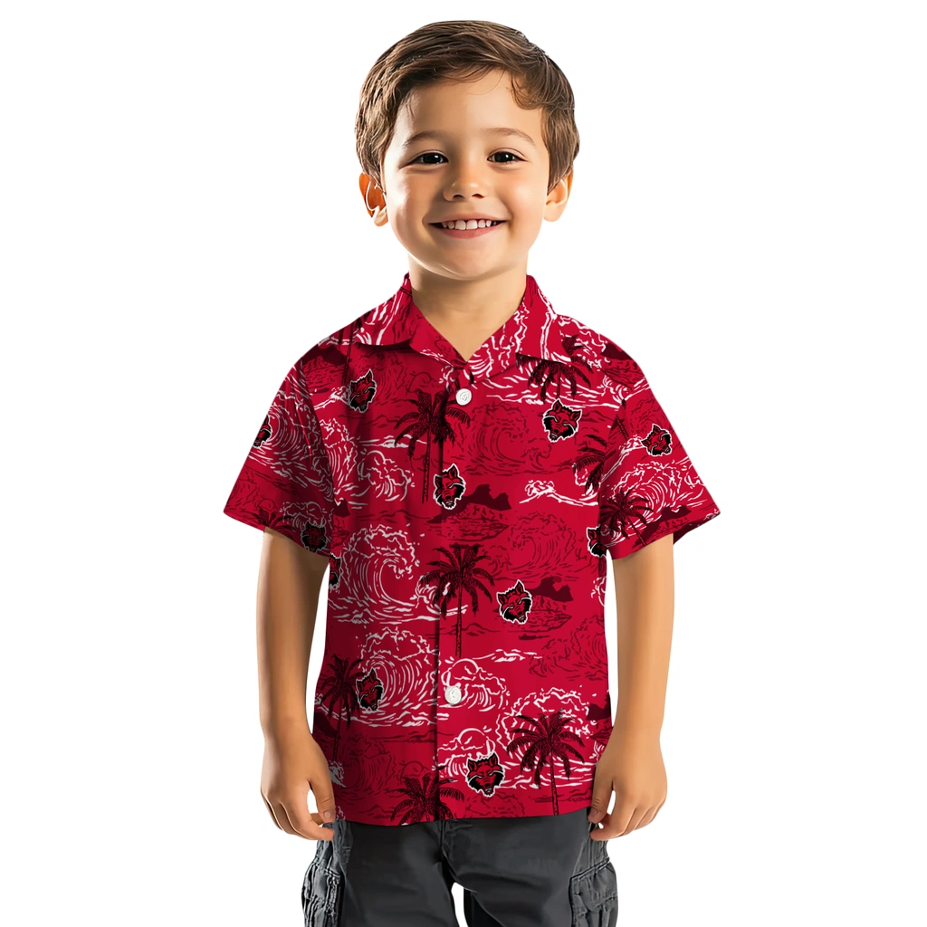 Arkansas State Red Wolves Hawaiian Shirt - Wave Palm arkansas state red wolves wave palm scarlet hawaiian shirts top rated