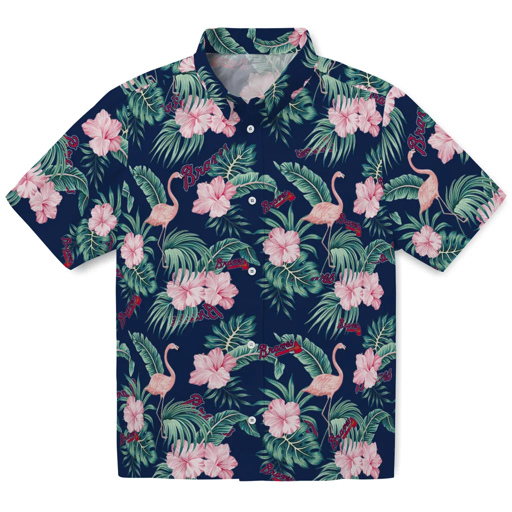 Atlanta Braves Hawaiian Shirt - Flamingo and Hibiscus atlanta braves flamingo palms navy hawaiian shirts best selling