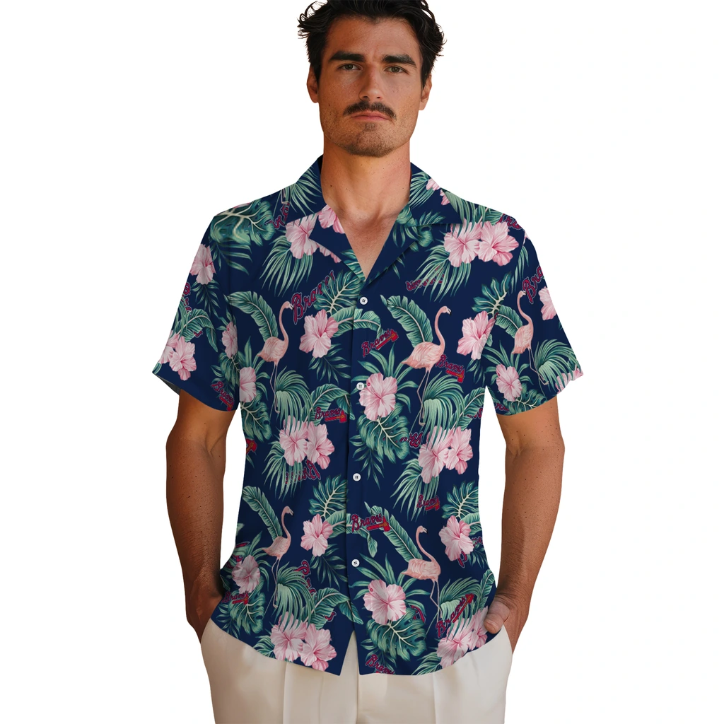 Atlanta Braves Hawaiian Shirt - Flamingo and Hibiscus atlanta braves flamingo palms navy hawaiian shirts fashion forward