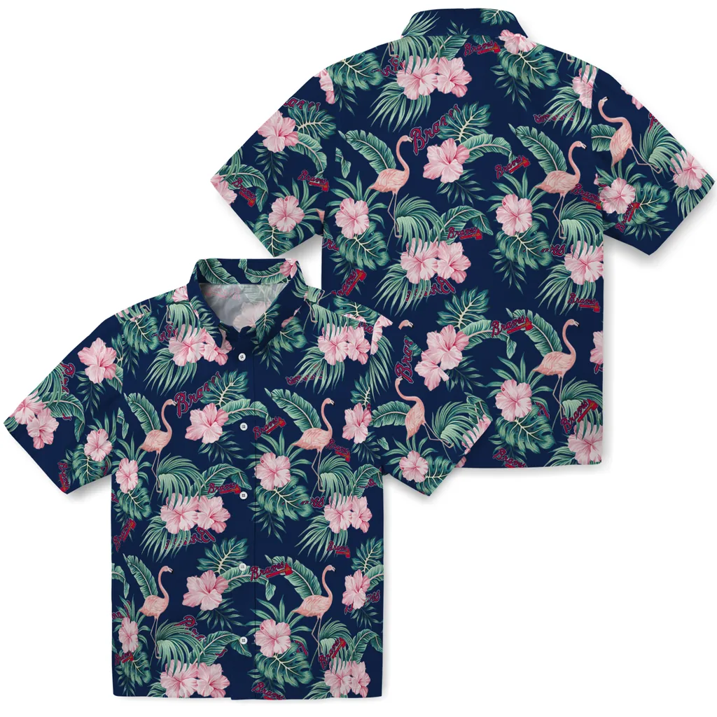 Atlanta Braves Hawaiian Shirt - Flamingo and Hibiscus atlanta braves flamingo palms navy hawaiian shirts high quality
