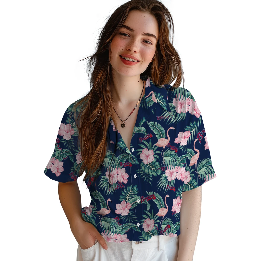Atlanta Braves Hawaiian Shirt - Flamingo and Hibiscus atlanta braves flamingo palms navy hawaiian shirts latest model