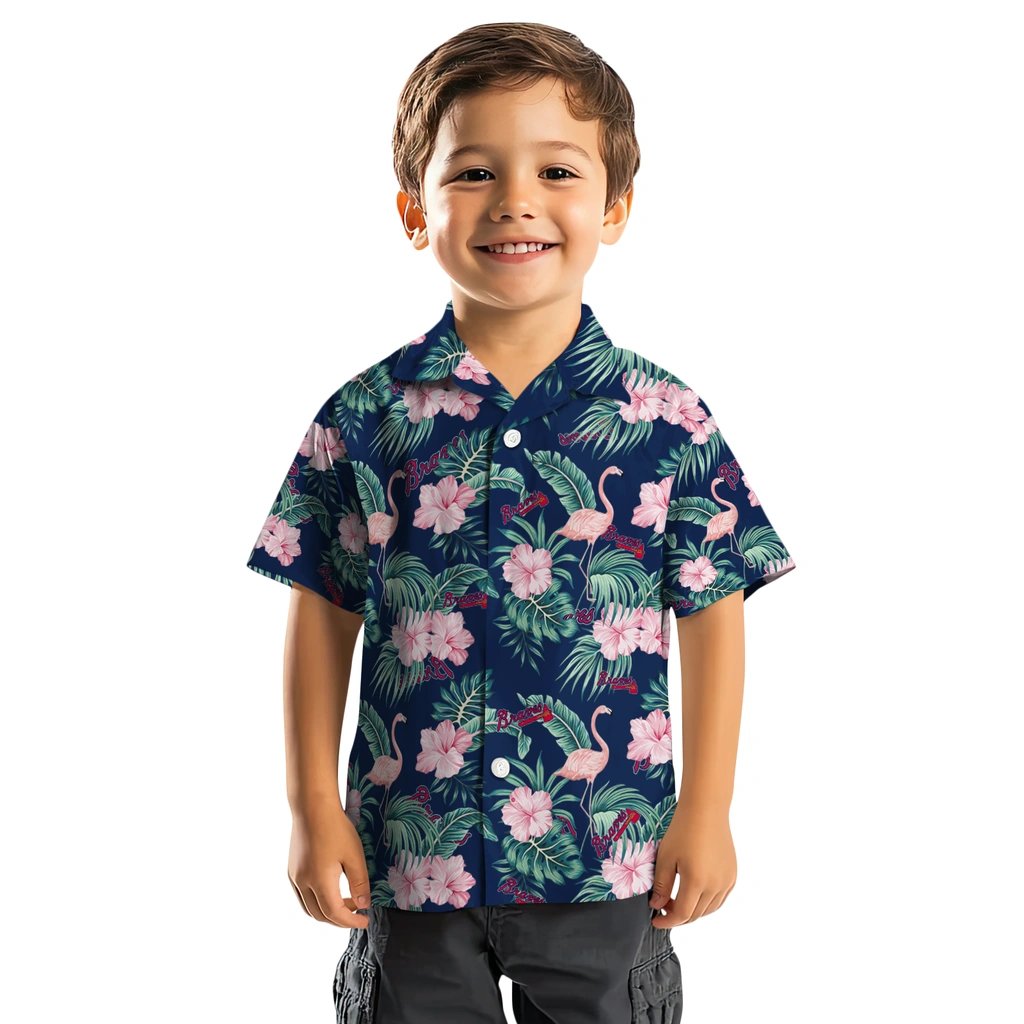 Atlanta Braves Hawaiian Shirt - Flamingo and Hibiscus atlanta braves flamingo palms navy hawaiian shirts top rated