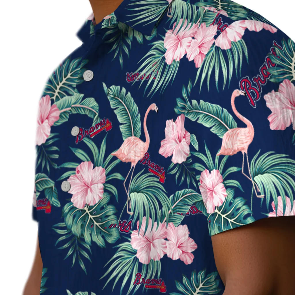 Atlanta Braves Hawaiian Shirt - Flamingo and Hibiscus atlanta braves flamingo palms navy hawaiian shirts trendy