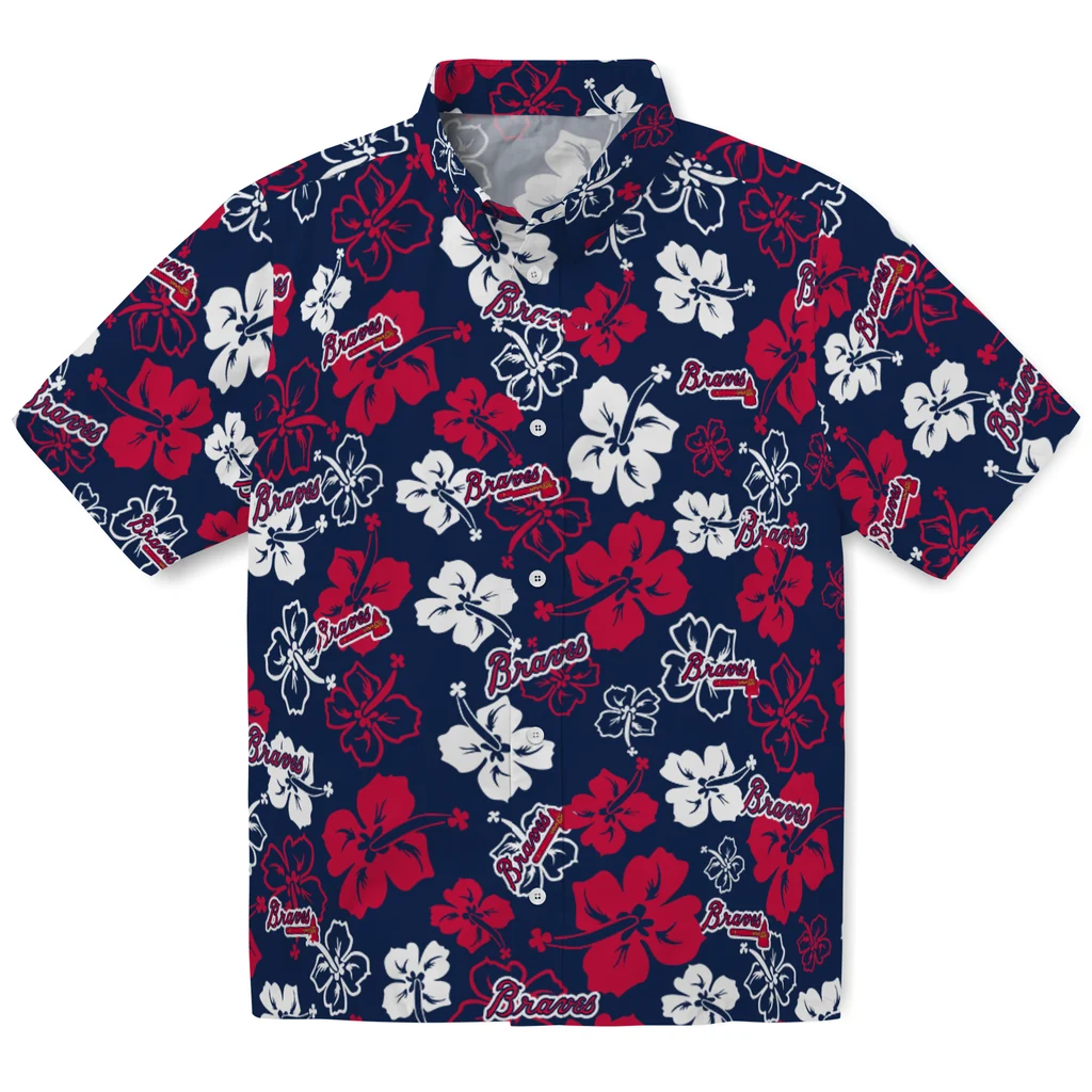 Atlanta Braves Hawaiian Shirt - Hibiscus Flower Design atlanta braves hibiscus bloom navy hawaiian shirts best selling