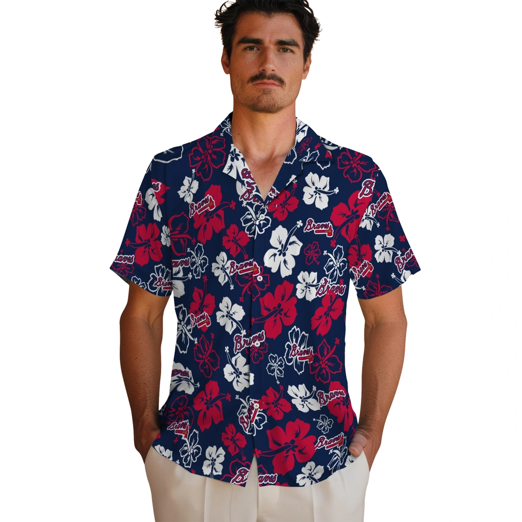 Atlanta Braves Hawaiian Shirt - Hibiscus Flower Design atlanta braves hibiscus bloom navy hawaiian shirts fashion forward