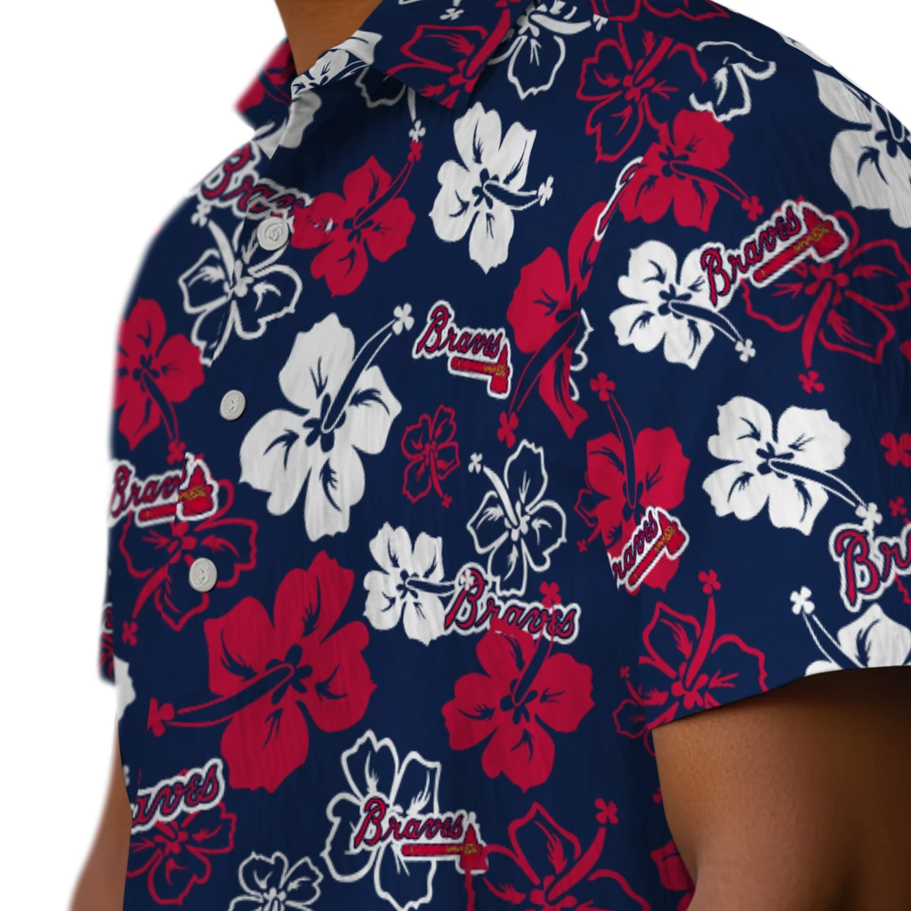 Atlanta Braves Hawaiian Shirt - Hibiscus Flower Design atlanta braves hibiscus bloom navy hawaiian shirts trendy