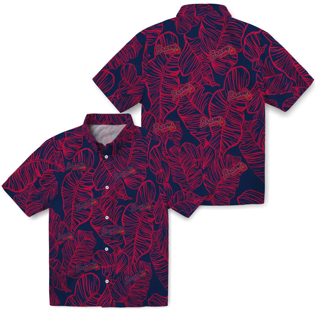 Atlanta Braves Hawaiian Shirt - Leaf Outline atlanta braves leaf outline navy hawaiian shirts high quality