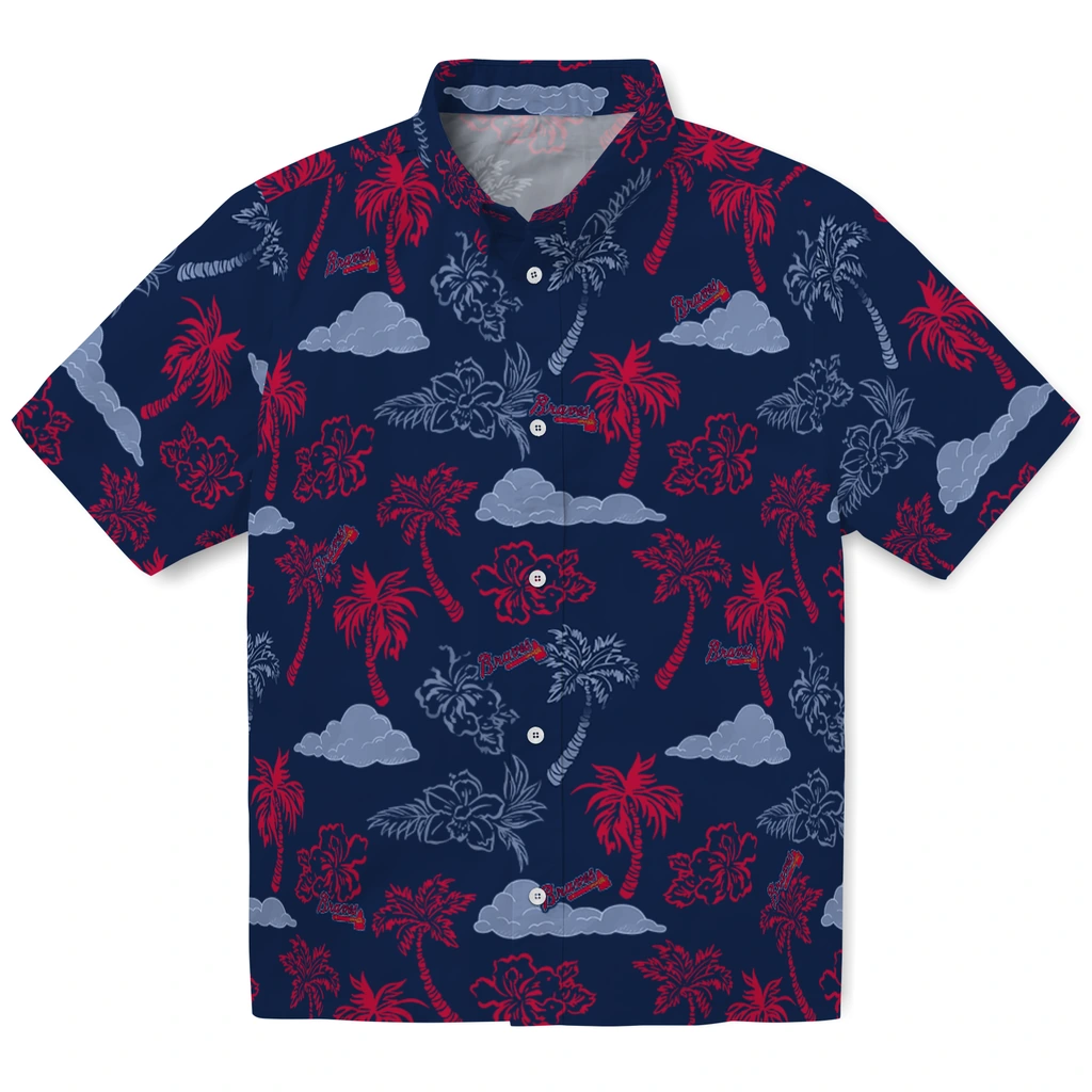 Atlanta Braves Hawaiian Shirt - Palm And Clouds atlanta braves palm and clouds navy hawaiian shirts best selling
