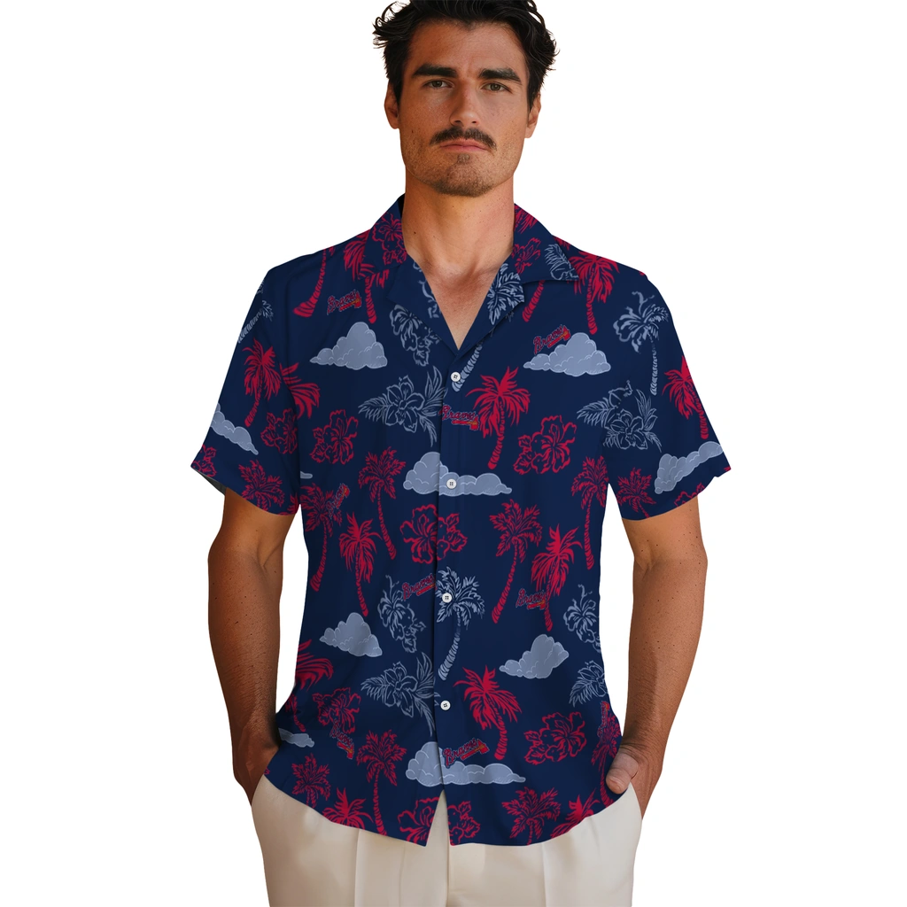 Atlanta Braves Hawaiian Shirt - Palm And Clouds atlanta braves palm and clouds navy hawaiian shirts fashion forward