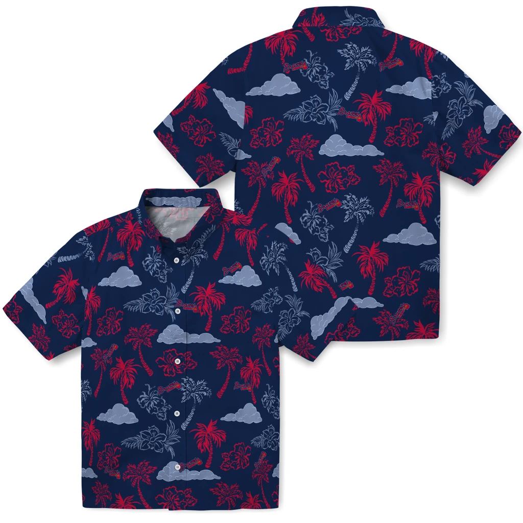 Atlanta Braves Hawaiian Shirt - Palm And Clouds atlanta braves palm and clouds navy hawaiian shirts high quality
