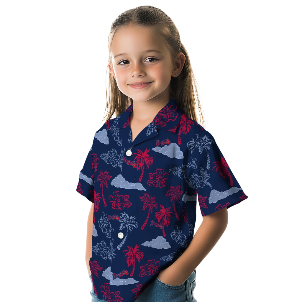 Atlanta Braves Hawaiian Shirt - Palm And Clouds atlanta braves palm and clouds navy hawaiian shirts premium grade