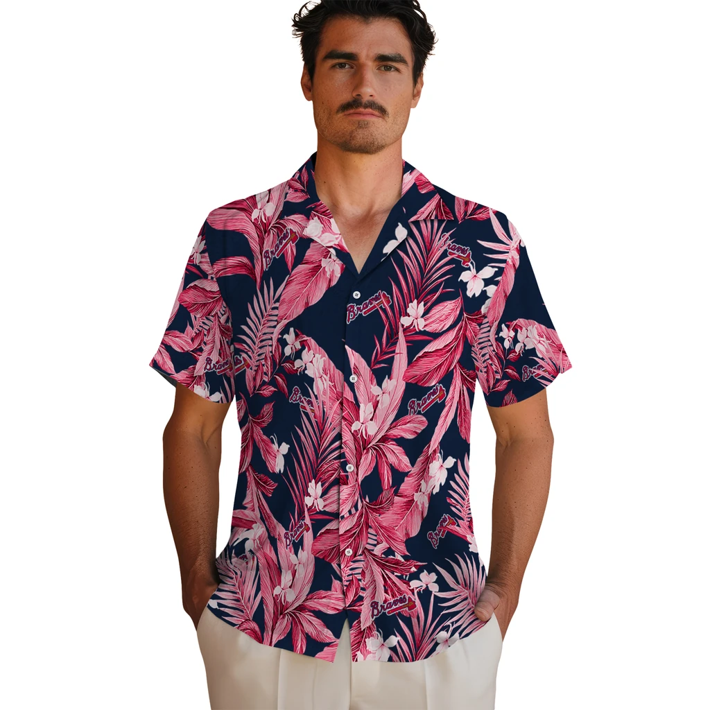 Atlanta Braves Hawaiian Shirt - Palm Leaves atlanta braves palm leaves navy hawaiian shirts fashion forward