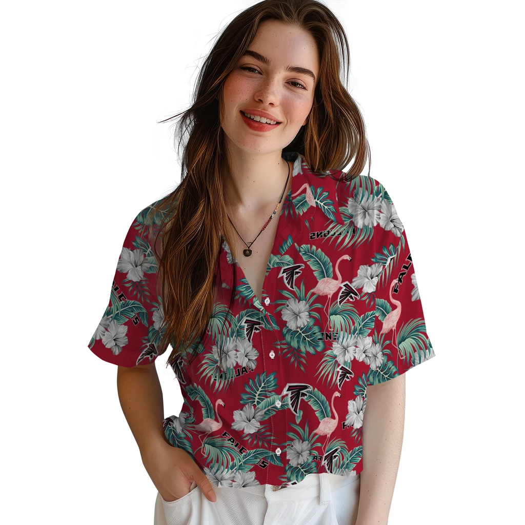 Atlanta Falcons Hawaiian Shirt - Flamingo and Hibiscus atlanta falcons flamingo palms red hawaiian shirts latest model