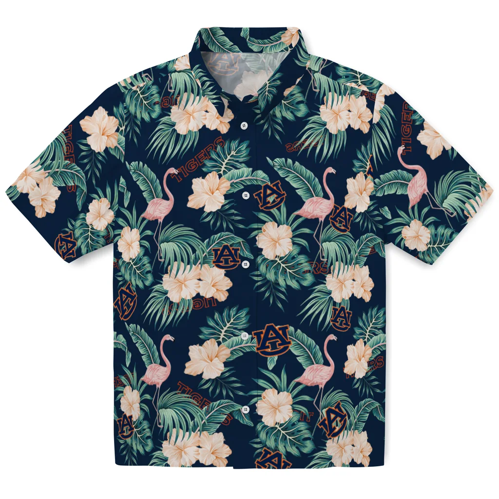 Auburn Tigers Hawaiian Shirt - Flamingo and Hibiscus auburn tigers flamingo palms navy blue hawaiian shirts best selling