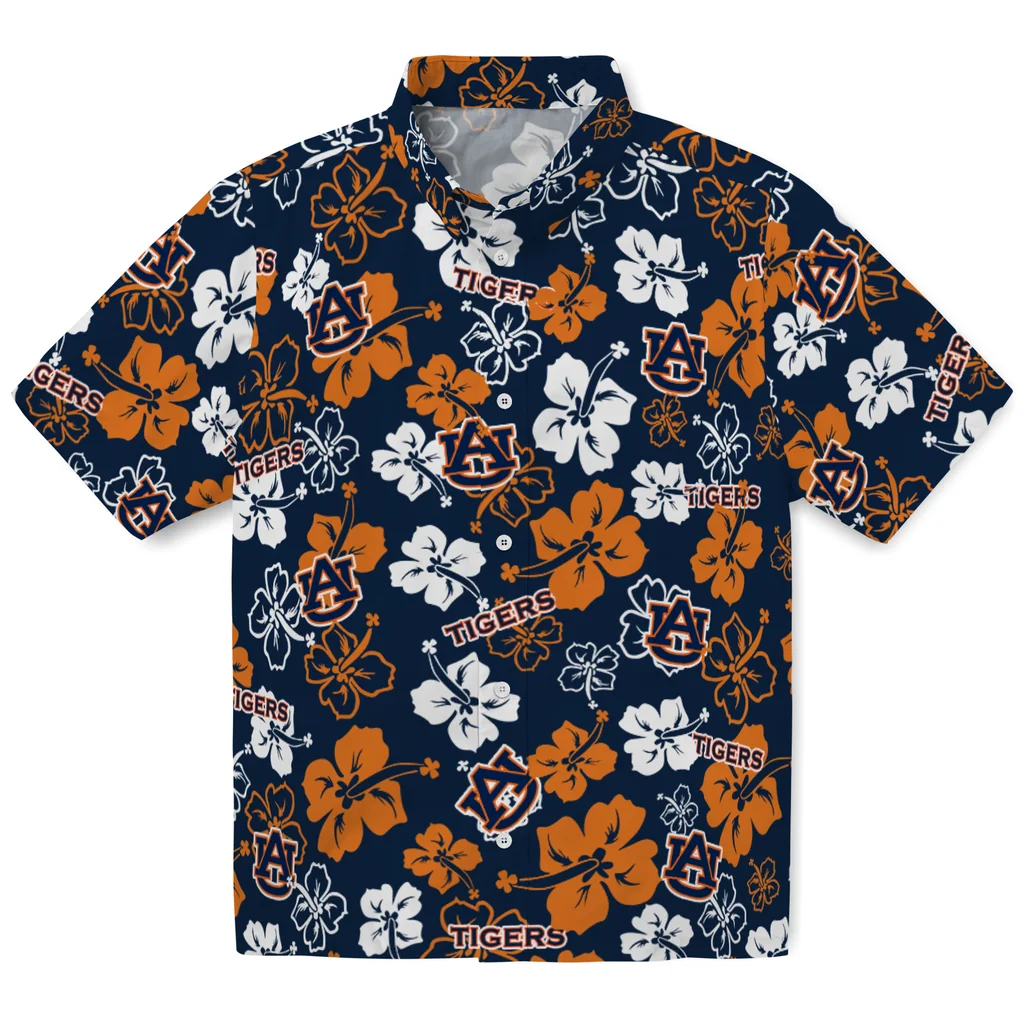 Auburn Tigers Hawaiian Shirt - Hibiscus Flower Design auburn tigers hibiscus bloom navy blue hawaiian shirts best selling