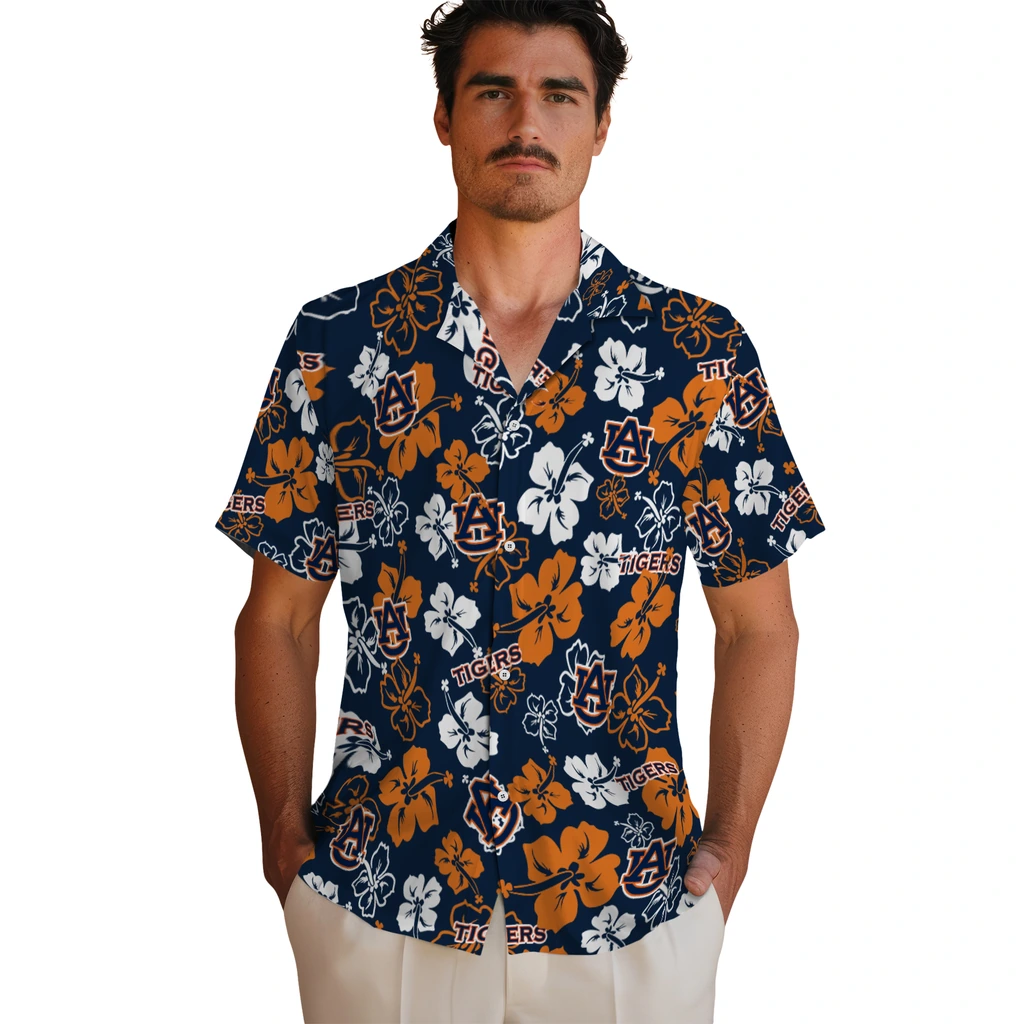 Auburn Tigers Hawaiian Shirt - Hibiscus Flower Design auburn tigers hibiscus bloom navy blue hawaiian shirts fashion forward