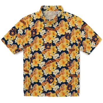 auburn tigers hibiscus tropics navy blue yellow hawaiian shirts best selling