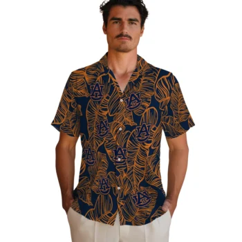 auburn tigers leaf outline navy blue hawaiian shirts fashion forward