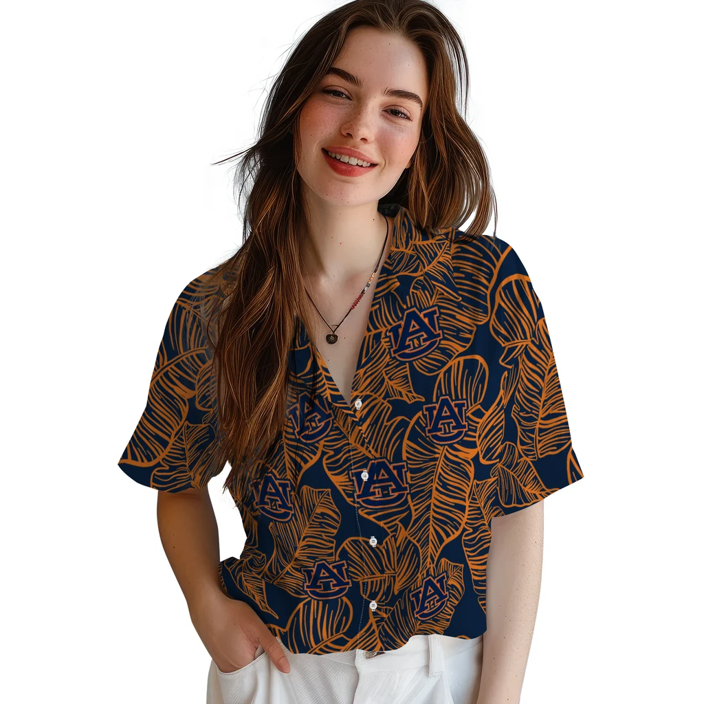 Auburn Tigers Hawaiian Shirt - Leaf Outline auburn tigers leaf outline navy blue hawaiian shirts latest model