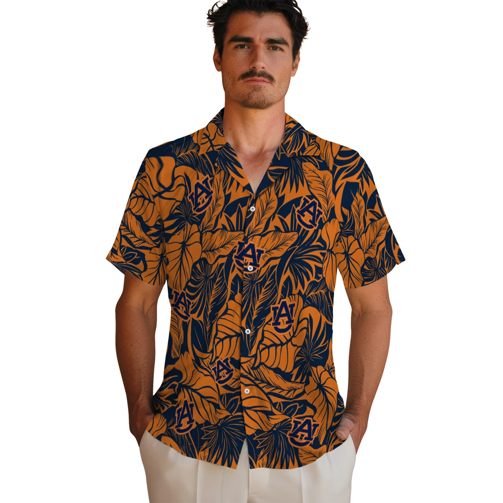 Auburn Tigers Hawaiian Shirt - Monstera Layer auburn tigers monstera layer navy blue hawaiian shirts fashion forward