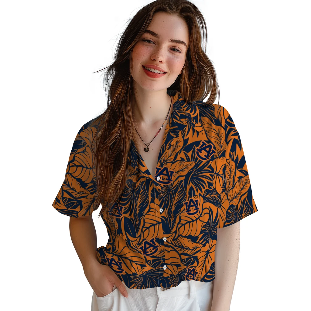 Auburn Tigers Hawaiian Shirt - Monstera Layer auburn tigers monstera layer navy blue hawaiian shirts latest model