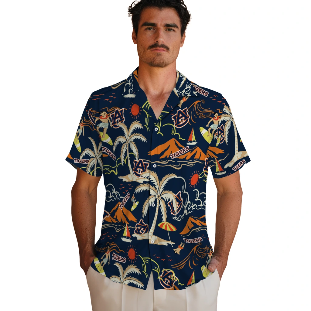 Auburn Tigers Hawaiian Shirt - Palm Tree Island auburn tigers palm tree island navy blue hawaiian shirts fashion forward