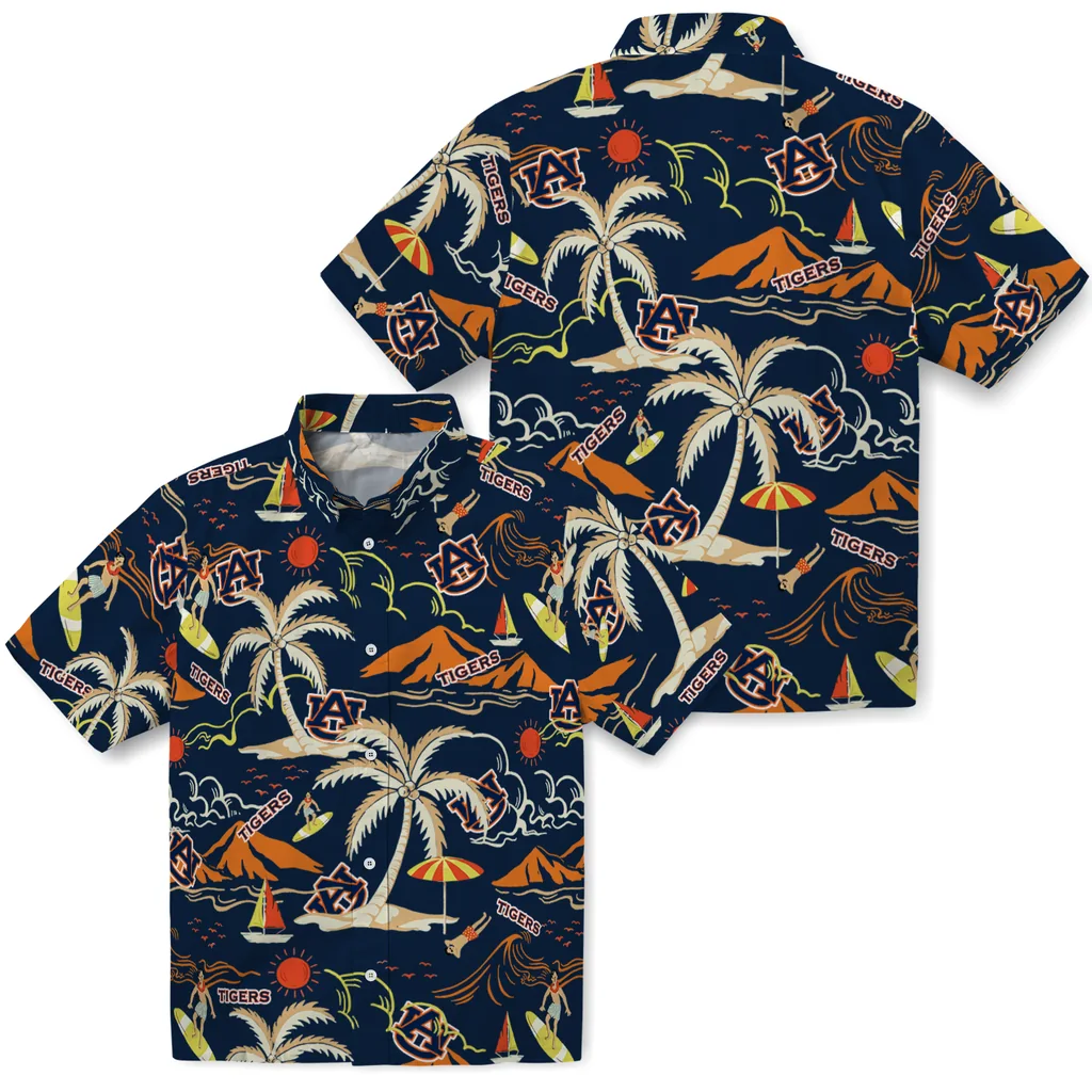 Auburn Tigers Hawaiian Shirt - Palm Tree Island auburn tigers palm tree island navy blue hawaiian shirts high quality