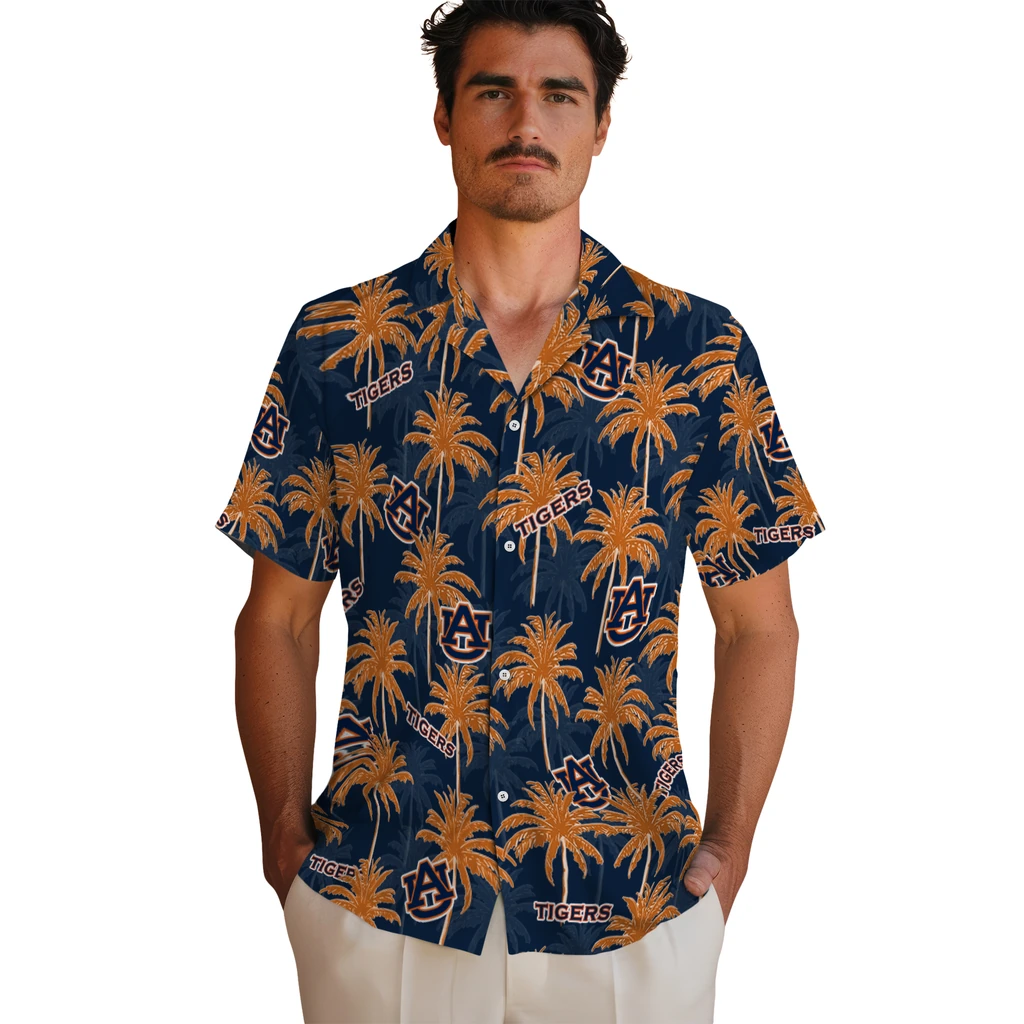 Auburn Tigers Hawaiian Shirt - Palm Tree Motif auburn tigers palm grove navy blue hawaiian shirts fashion forward