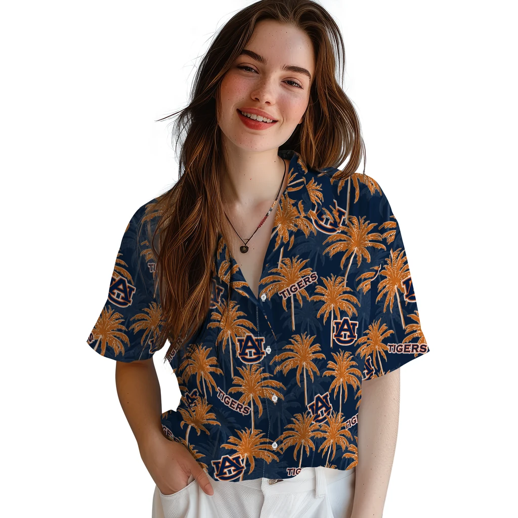 Auburn Tigers Hawaiian Shirt - Palm Tree Motif auburn tigers palm grove navy blue hawaiian shirts latest model