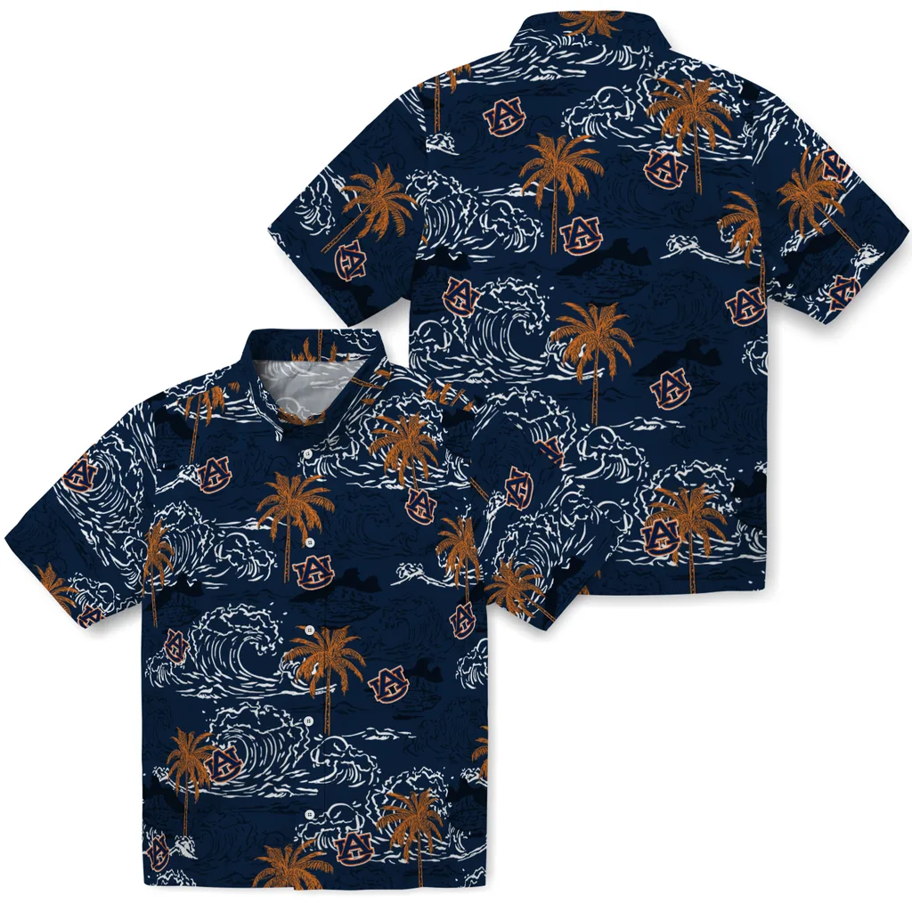 Auburn Tigers Hawaiian Shirt - Wave Palm auburn tigers wave palm navy blue hawaiian shirts high quality