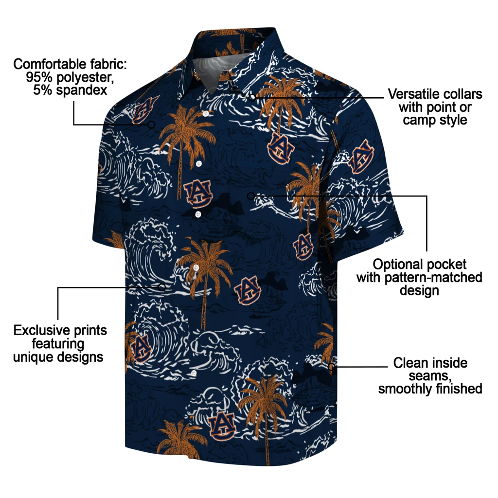 Auburn Tigers Hawaiian Shirt - Wave Palm auburn tigers wave palm navy blue hawaiian shirts new arrival