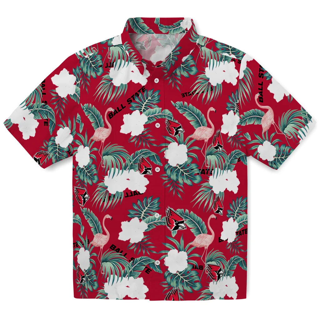 Ball State Cardinals Hawaiian Shirt - Flamingo and Hibiscus ball state cardinals flamingo palms red hawaiian shirts best selling