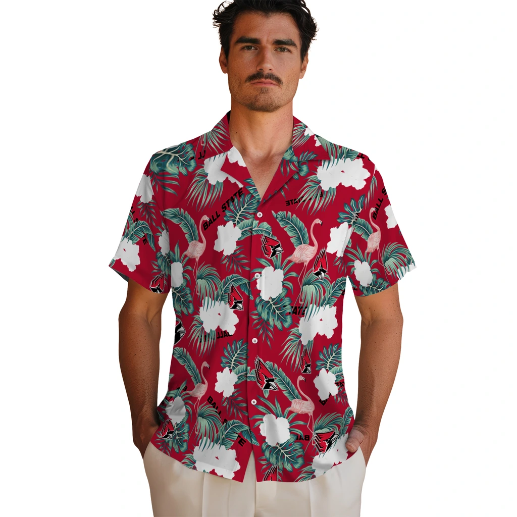 Ball State Cardinals Hawaiian Shirt - Flamingo and Hibiscus ball state cardinals flamingo palms red hawaiian shirts fashion forward