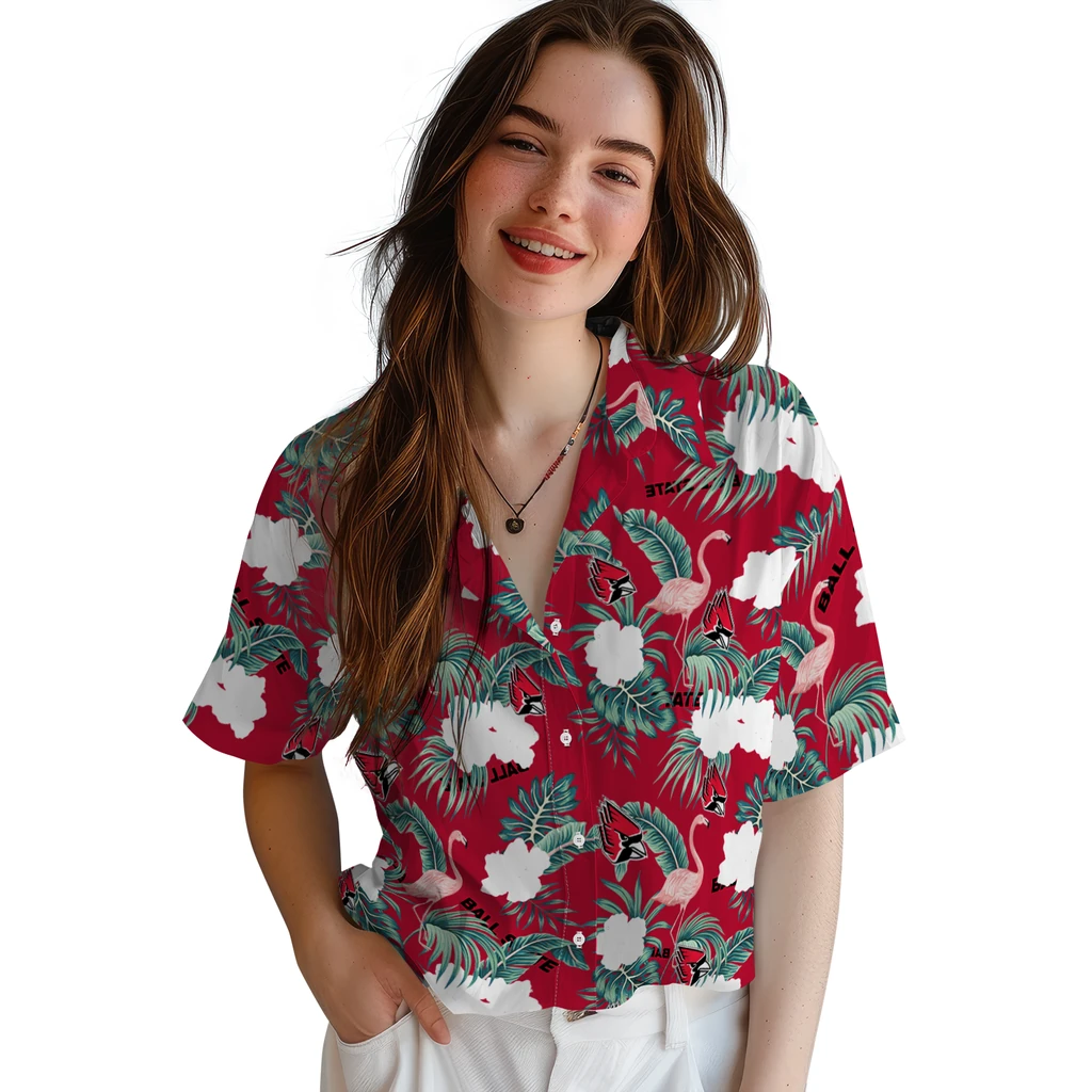 Ball State Cardinals Hawaiian Shirt - Flamingo and Hibiscus ball state cardinals flamingo palms red hawaiian shirts latest model